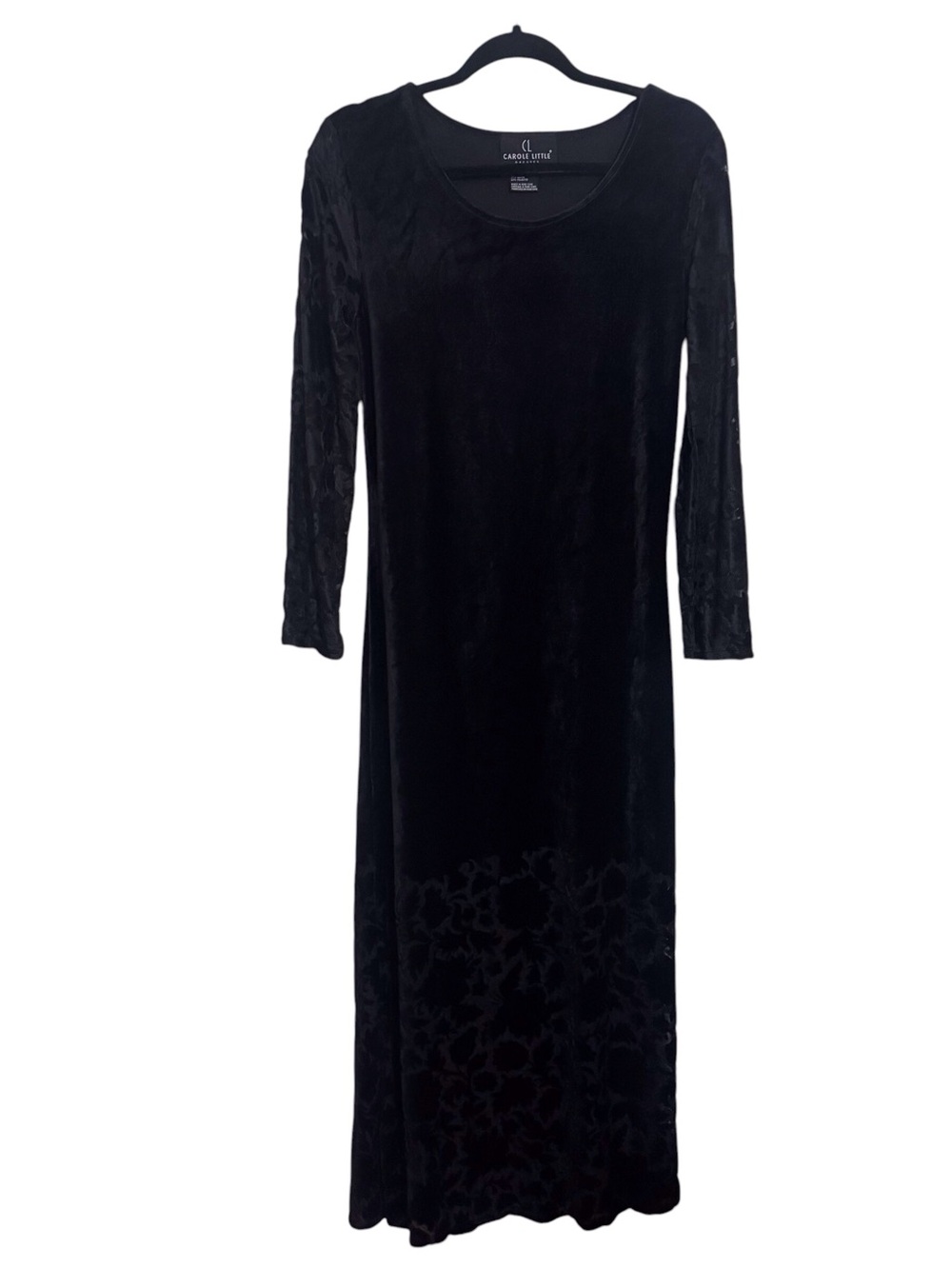 Vintage Carole Little Size 6 Black Velvet Floral Maxi Dress Goth Burnout 90s